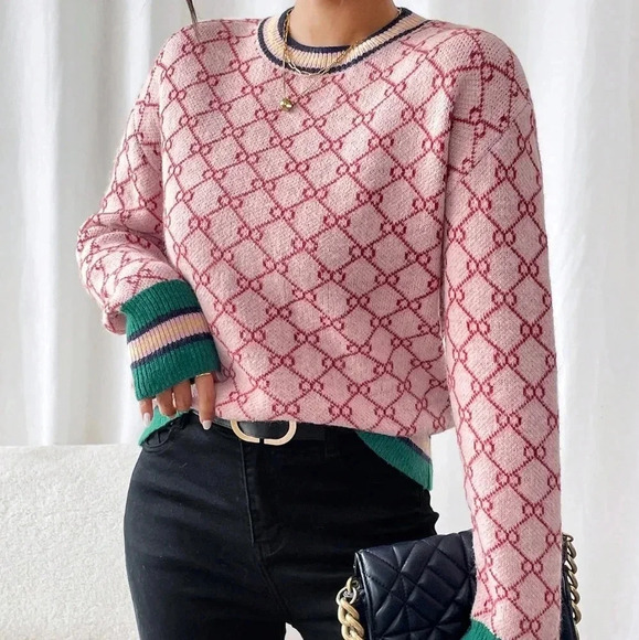 Sweaters - Allover Print Colorblock Crew Neck Long Sleeve Sweater